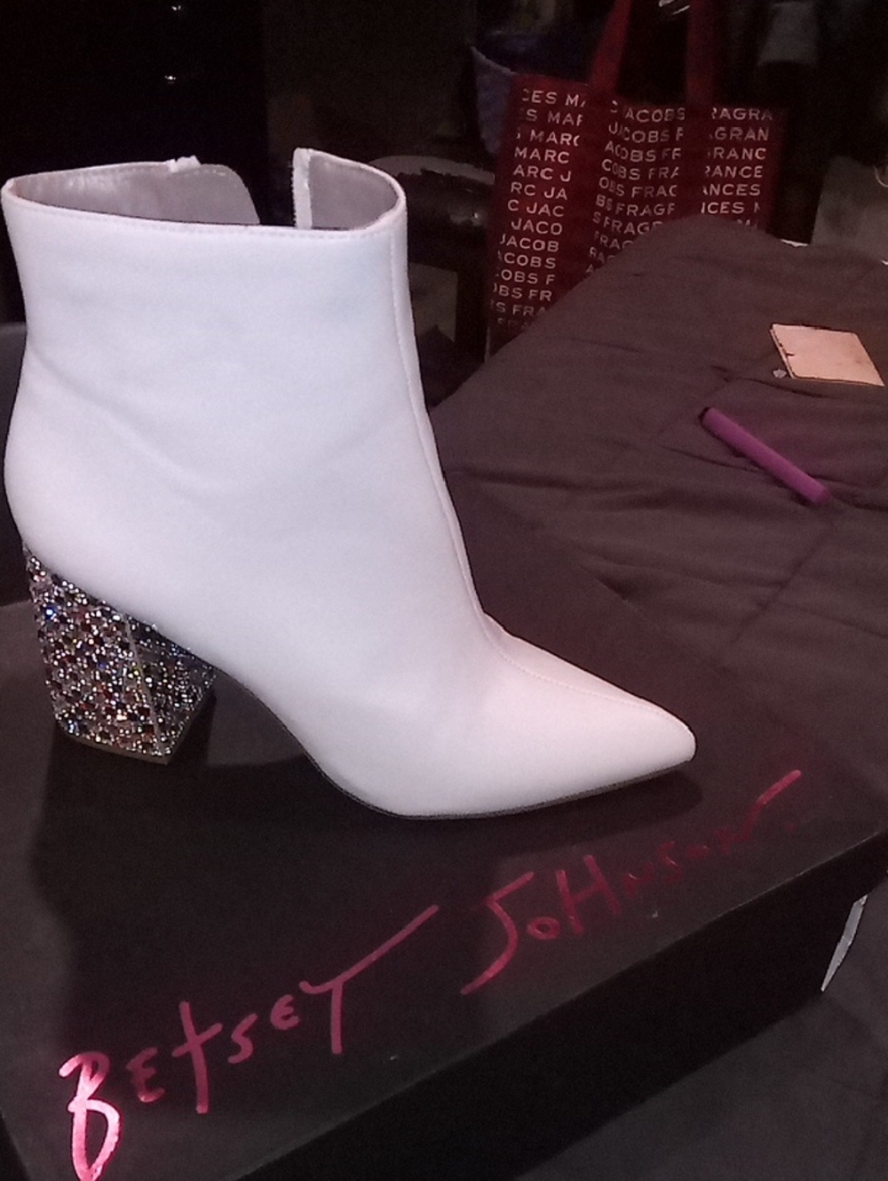 Betsey Johnson White Pointed Ankle Booties with Crystal Block Heel